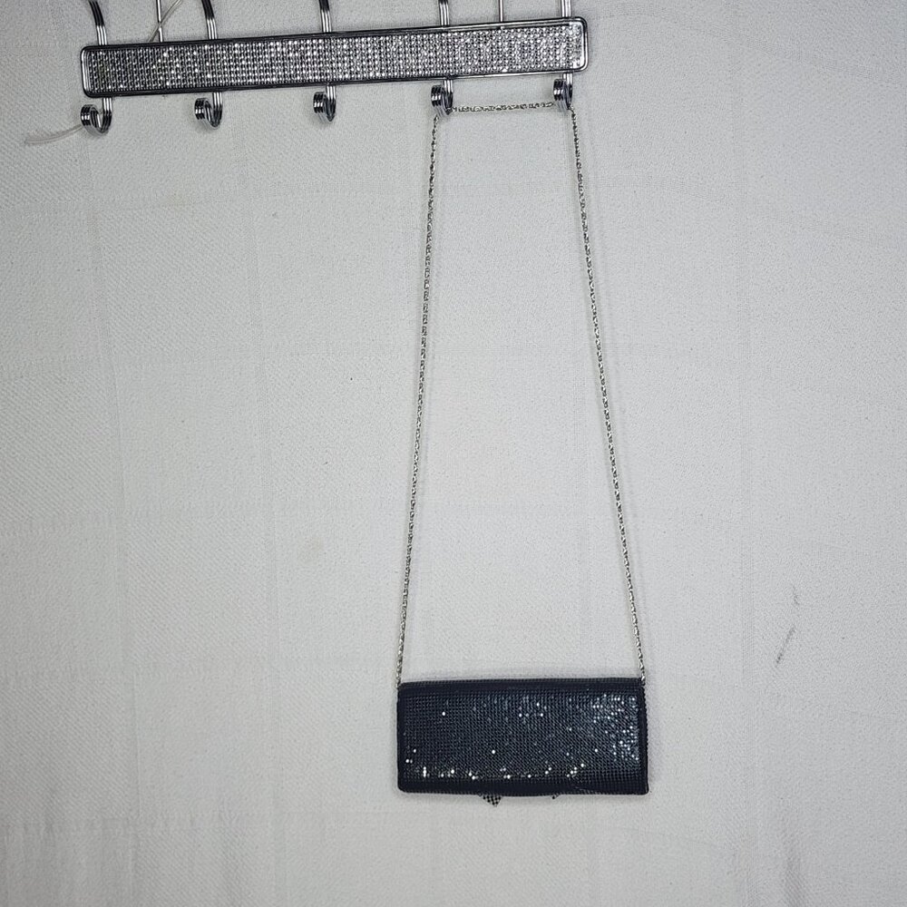 Sparkling Black Sequin Bow and Chain Mail Dress Clutch Bag Silver Shoulder Strap - Picture 8 of 16